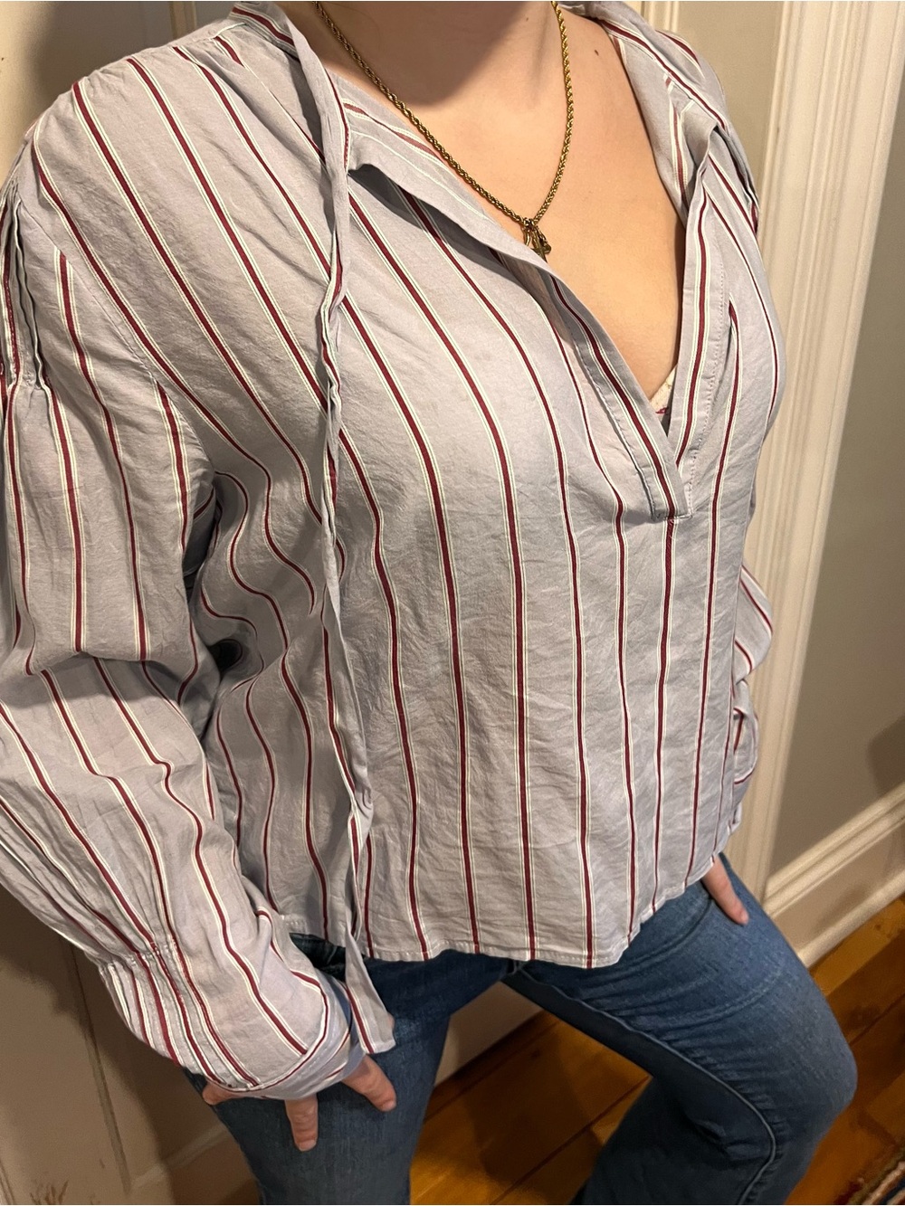J. Crew Pale blue Tunic Top with Red Stripes